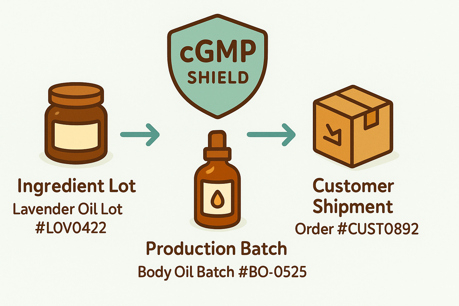 Cosmetic manufacturing cGMP traceability flow diagram showing ingredient lot to production batch to customer shipment tracking in Craftybase