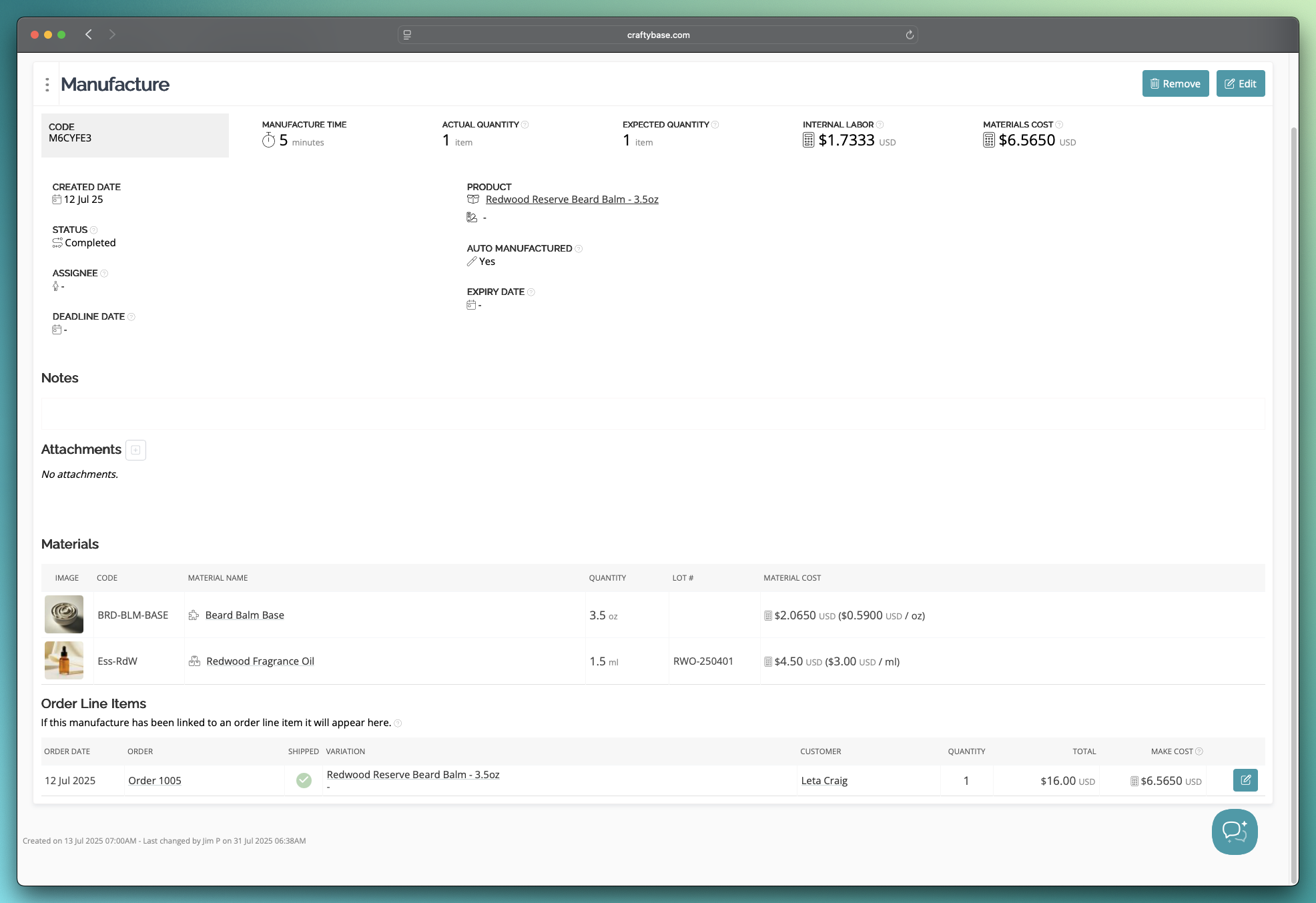 Craftybase COGS automation for cosmetic manufacturing showing automated material, labor and overhead cost calculations