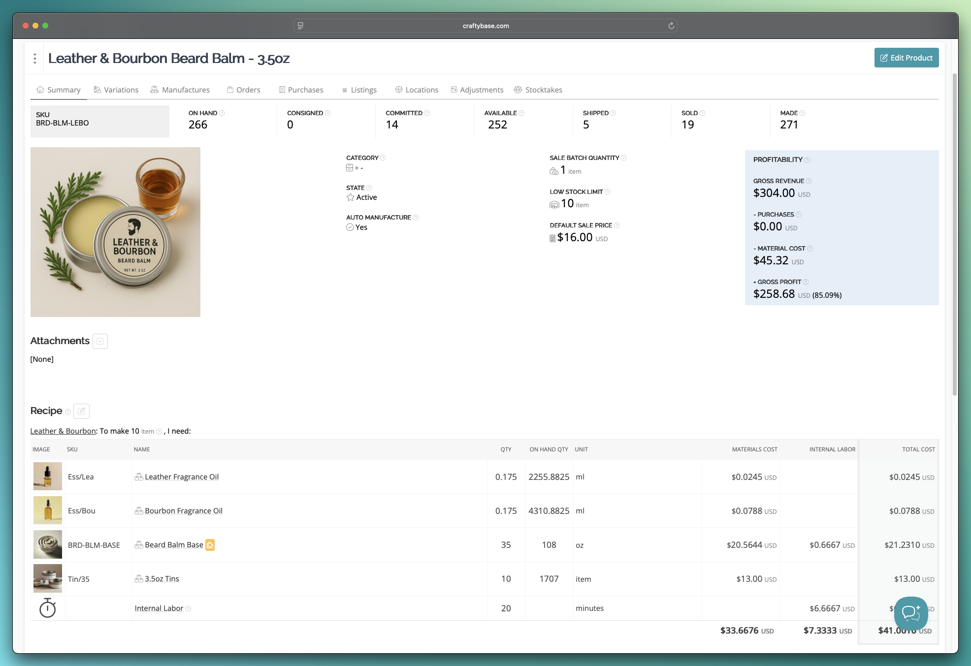 Craftybase cosmetic recipe and bill of materials management interface showing ingredient formulation and version control