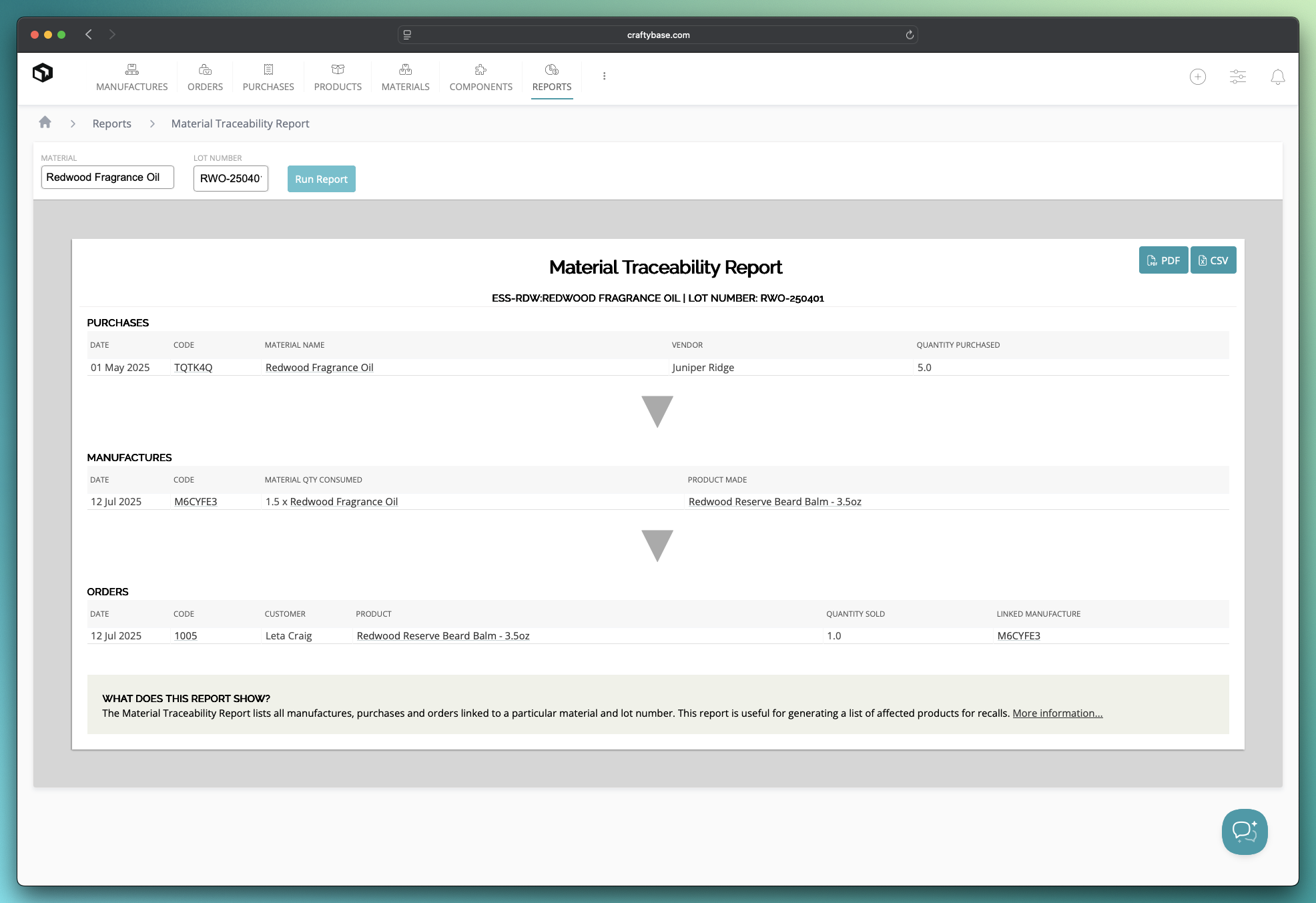 Craftybase batch and lot traceability report for cosmetic manufacturing showing ingredient tracking from supplier to customer